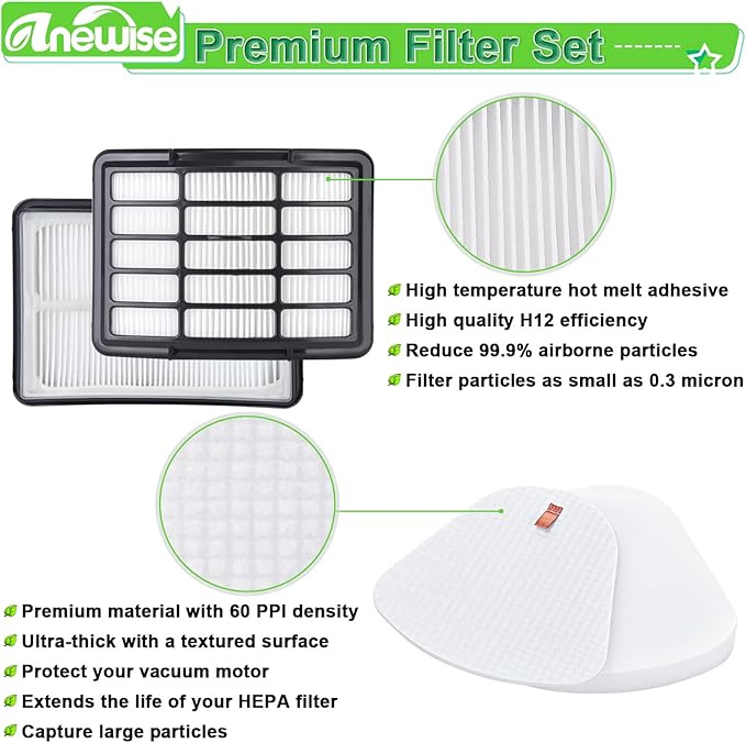 Replacement Filters for Shark Navigator Lift-Away XL CU510, CU512, CU500, CU520 Deluxe NV350, NV351, NV356E, NV360, NV352, NV355, NV358, ZU503AMZ, 4 + 2 Filter, Replace Parts #XHF350 & XFF350