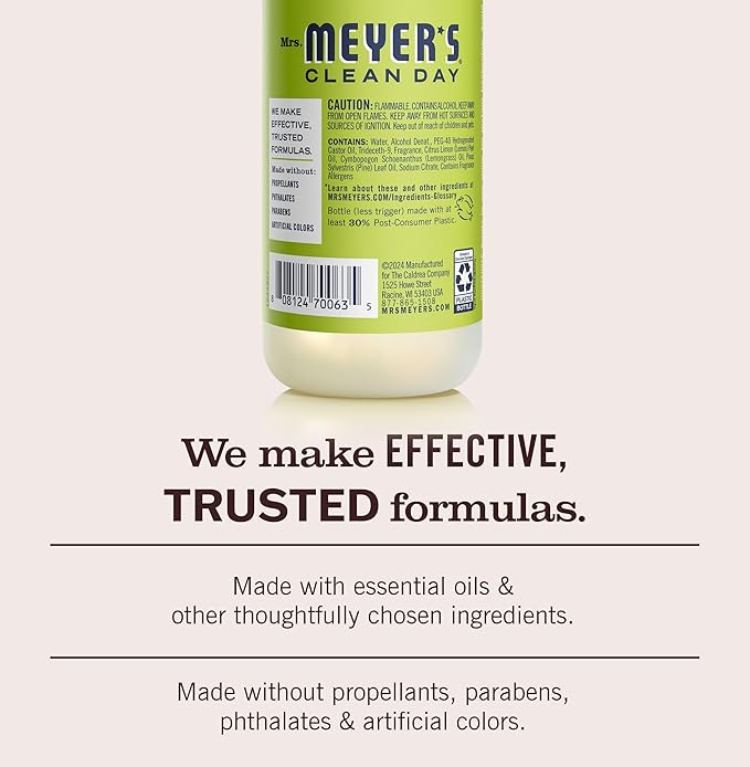MRS. MEYER'S CLEAN DAY Room Freshener, Lemon Verbena Scent, 8 Ounce Non-Aerosol Spray Bottle (Pack of 3)