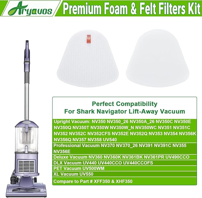 4 Foam & Felt Filters Replacement for Shark Navigator Lift-Away Vacuum NV350, NV351, NV352, NV355, NV356E, NV357, NV360, NV370, NV391, UV440, UV490, UV500, UV540, UV541, UV550, Part XFF350 XHF350