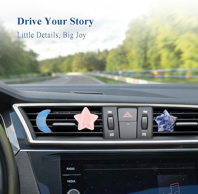 Moon Stars Car Decor,Boho Air Vent Clips,Refillable Car Fresheners,3pcs Natural Crystal Stone Hippie Dashboard Decorations Accessories,Best Wishes for Lover and Friend (Blue & Pink)