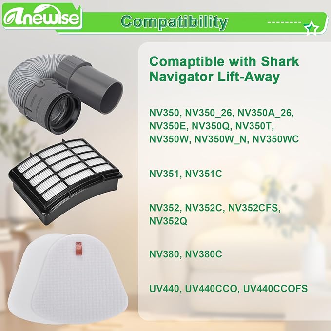 Vacuum Hose Filter Replacement Part for Shark Navigator Lift-Away Deluxe Vacuum NV352 NV350 NV351 NV380 UV440, 1 Nozzle Hose + 2 Pre-Felt + 1 Hepa Filter, Parts #193FFJ & XHF350 & XFF350