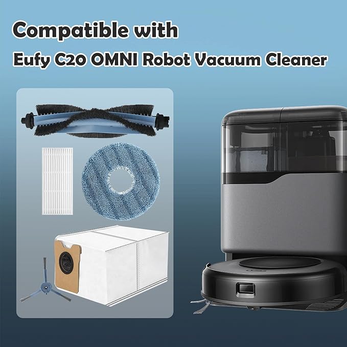 21 Pack Omni C20 Accessories Kit Replacement Compatible with Eufy Omni C20 Robot Vacuum Cleaner, 1 Main Roller Brush,4 Hepa Filters,4 Mop Pads,4 Side Brush,6 Dust Bags,2 Tool