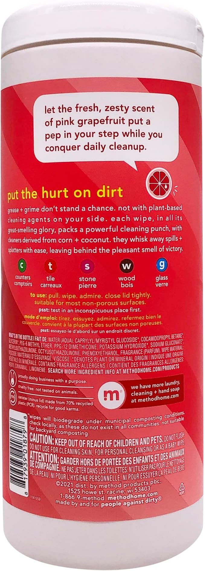 Method Pink Grapefruit All Purpose Cleaning Wipes, Multi-Surface, Compostable, 30 Count (Pack of 1)