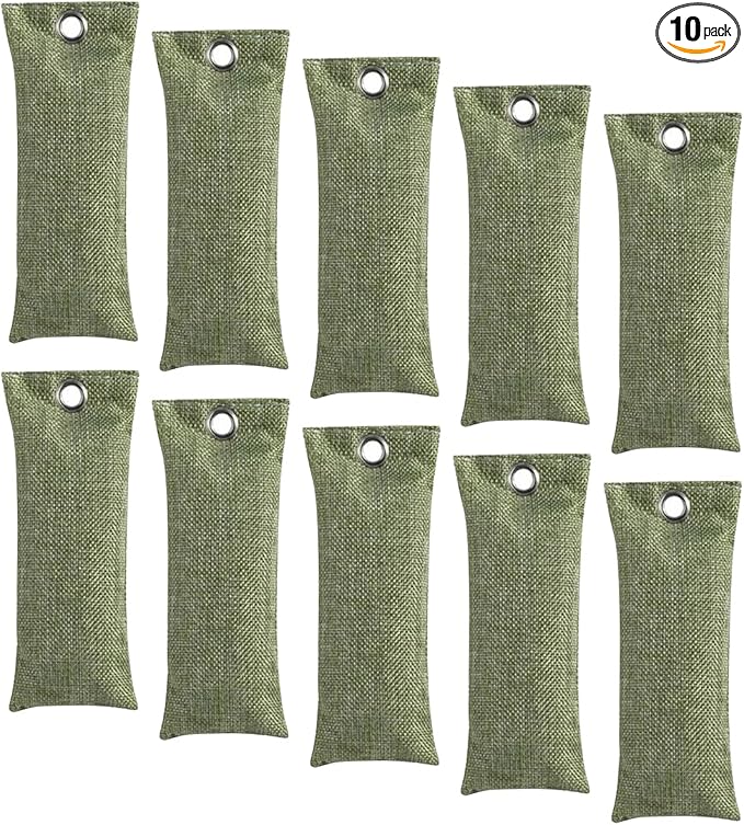 Activated Charcoal Air Purifying Bag (10 Pack 75g Each) Bamboo Charcoal Odor Absorber Air Freshener for Shoes, Closet, Car, Green