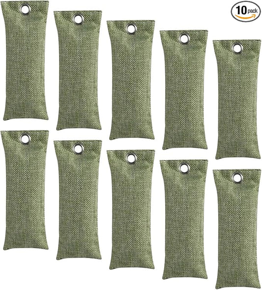Activated Charcoal Air Purifying Bag (10 Pack 75g Each) Bamboo Charcoal Odor Absorber Air Freshener for Shoes, Closet, Car, Green