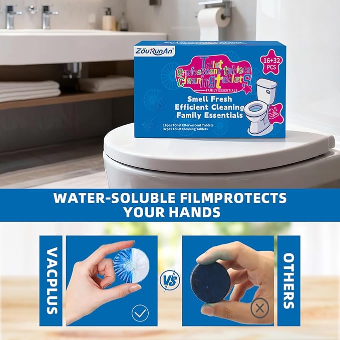 2-in-1 Toilet Cleaning Tablets (24 Pack) - 8 Effervescent Toilet Bowl Stain Remover and 16 Blue White Toilet Tank Cleaner Tablets - Limescale Removal for Septic System