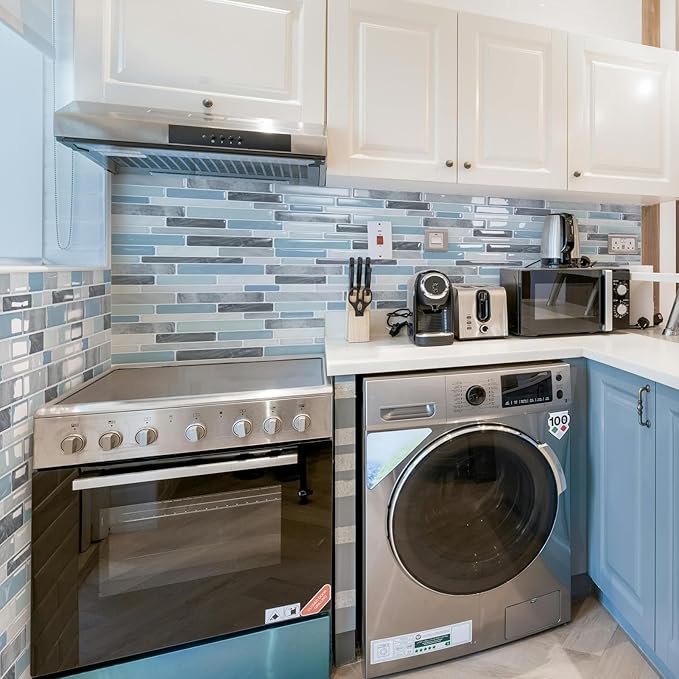 LONGKING Self-Adhesive Kitchen Backsplash, Marble Look Decorative Tiles (10 Tiles)