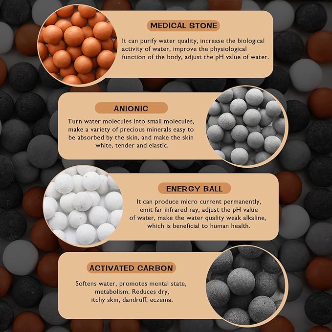 Patelai Replacement Anion Mineral Shower Head Bead Refills Purifying Water Mineral Bead Filtration Stone Ball for Filtered Shower Head, Diameter 7-8 mm(200.0 Grams,Orange, Gray, White, Black)