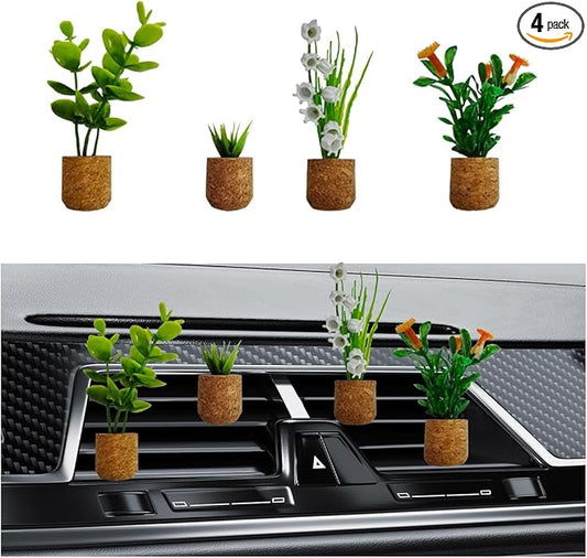 4PCS Plant Car Air Freshener Vent Clip, 3D Artificial Aromatherapy Diffuser, Cute Mini Flower Vase, Creative Interior Decoration Accessories (Type 1)