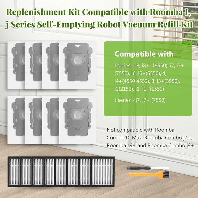 Replacement Parts for iRobot Roomba i2 i3 i3+ i4 i4+ i6 i6+ i7 i7+ i8 i8+/Plus E5 E6 E7, Robot Vacuum Accessories, 2 Set Roller Brush 8 Filters 8 Side Brushes 8 Vacuum Bags