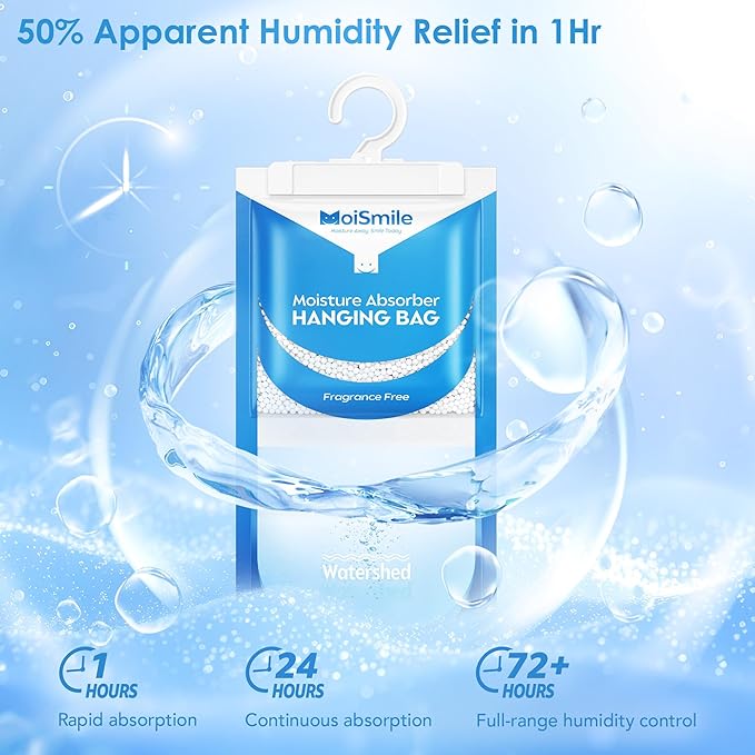 Moisture Absorbers 20 Pack Fragrance Free, Hanging Closet Dehumidifier Bags, Humidity Absorber, Compact Eliminates Odors Humidity Packs for Car, Bathroom, Bedroom, Basement, 9.8OZ