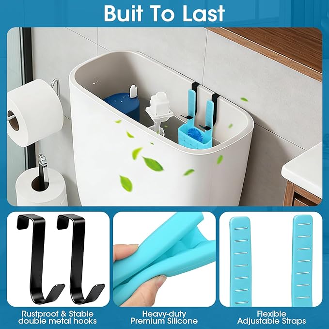 2Pcs Adjustable Toilet Tank Tablet Holder-Hanging Silicone Basket Carrier with Rustproof Hooks for Bowl Cleaner & Bleach Tablet Hanger Pouch Organizer, Accessory Fit Up to 7" Water Level