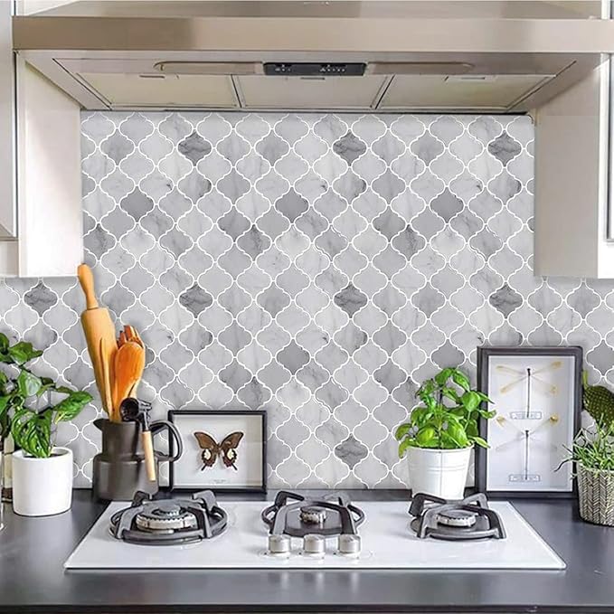 Arabesque Peel and Stick Tile for Kitchen, 12” X 12” Mix Grey Self-Adhesive Kitchen Backsplash in Marble, 10-Sheet 3D Self-Adhesive Wall Tile Stick on Tiles Backsplash(Thicker Design)