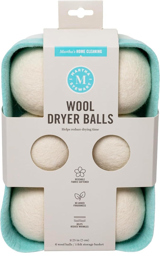 Martha Stewart Wool Dryer Balls ??6-Pack, Natural Fabric Softener with Storage Basket, Reduces Drying Time & Static, Reusable & Eco-Friendly Laundry Solution