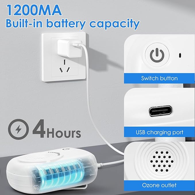 Mini Ozone Generator - 20mg/h multi-purpose battery-powered air Purifier/Small Space Purification Portable ozone air purifier suitable for - refrigerators, cabinets, suitcases, toilets, lockers.