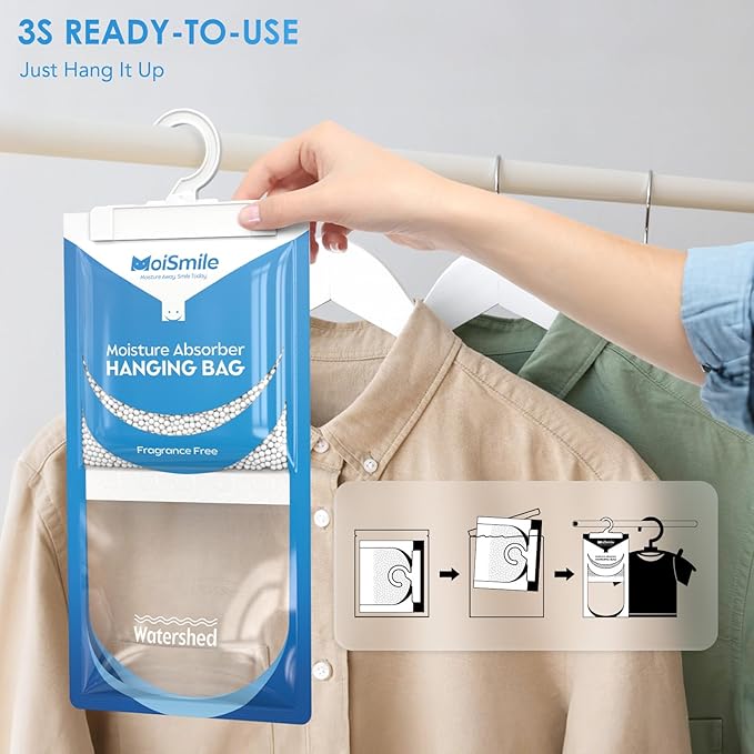 Moisture Absorbers 10 Pack 9.8 OZ, Fragrance Free Hanging Closet Dehumidifier Bags, Humidity Packs Odor Eliminator for Closet, Bathroom, Bedroom, Basement, Car