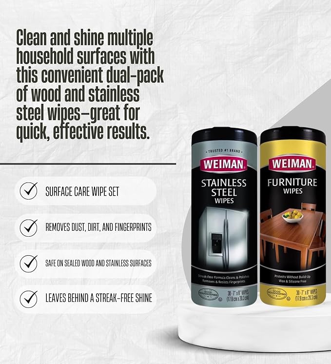 Weiman Wood Cleaner and Polish Lemon Scent Wipes & Stainless Steel Cleaner Fresh Scent Wipes Bundle with Microfiber Cloth – Furniture and Surface Care Gift Set (3 Items)