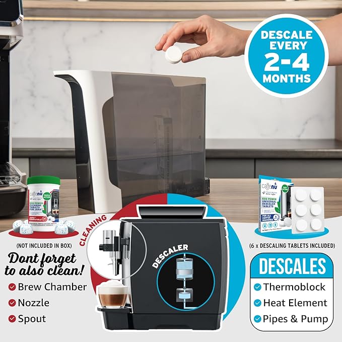 Caffenu Descaling Tablets Pack of 6. Coffee Machine Descaler Tablets. Compatible with Jura, Mellita, Siemens, Phillips and Saeco. Remove Limescale & Build-up. Complete the Barista Kit