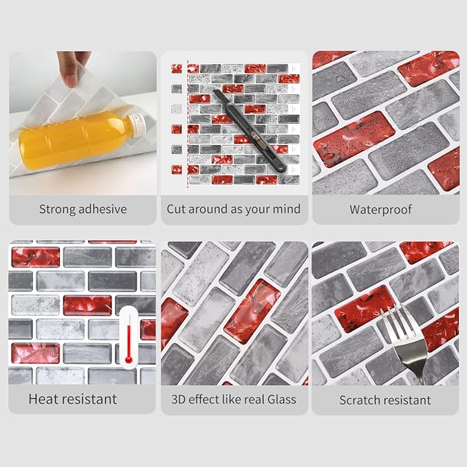Marble Peel and Stick Backsplash for Kitchen, 10-Sheet Stick on Backsplash for Bathroom, Large Self-Adhesive Kitchen Backsplash, Red Marble Look Decorative Tiles（12"×12"）