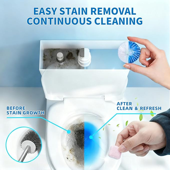 2-in-1 Toilet Cleaning Tablets (48 Pack) - 16 Effervescent Toilet Bowl Stain Remover and 32 Blue White Toilet Tank Cleaner Tablets - Limescale Removal for Septic System