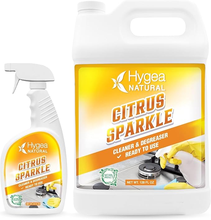 Hygea Natural Citrus Sparkle Chemical-Free Heavy Duty Degreaser & All Purpose Cleaner - Pure Citrus Extracts & Natural D-limonene - Removes Grease, Dirt & Grime (24oz Spray & 128oz Gallon)