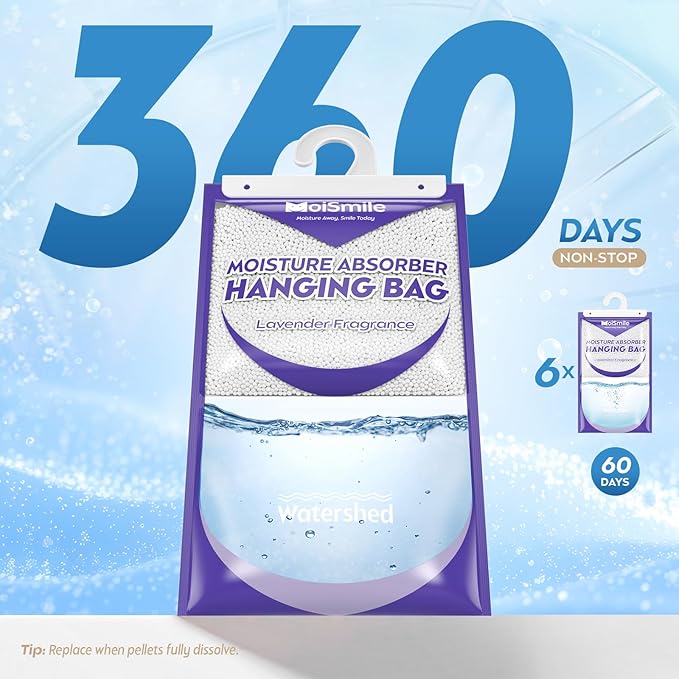 Hanging Moisture Absorbers 6 Pack Net Wt. 17.5oz/Pack, Lavender Fragrance Closet Dehumidifier Bags, Odor Eliminator & Humidity Absorber, Humidity Packs for Bathroom, Bedroom, Basement, Car, RV & Boat