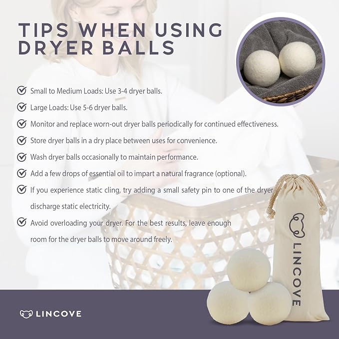 Wool Dryer Balls, 3 Pack – Natural Fabric Softener for Laundry, 100% Organic, Reusable for 1000+ Loads, Anti-Static, Reduces Drying Time, Baby Safe & Hypoallergenic Comes with Lincove Storage Bag