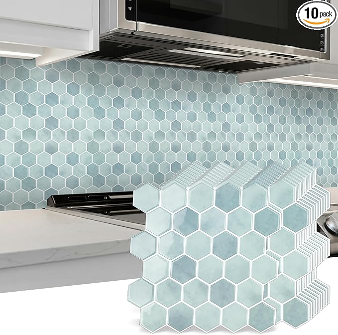 10-Sheet Hexagon Peel and Stick Backsplash for Kitchen, New Upgrade Premium Extra Thicker Design 3D Self Adhesive Wall Tiles, Large Stick on Tiles for Kitchen and Bathroom (12" x 12")