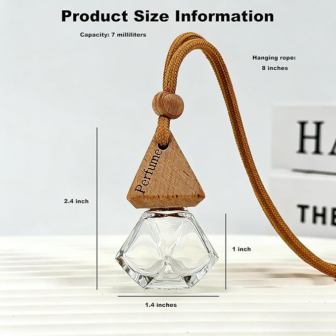 2-Pack Hanging Car Air Freshener, Refillable Glass Diffuser Bottle with Wooden Cap, Drift Car Freshener for Essential Oils, Long-Lasting Scent - Car Accessories for Women Men-Rhombus