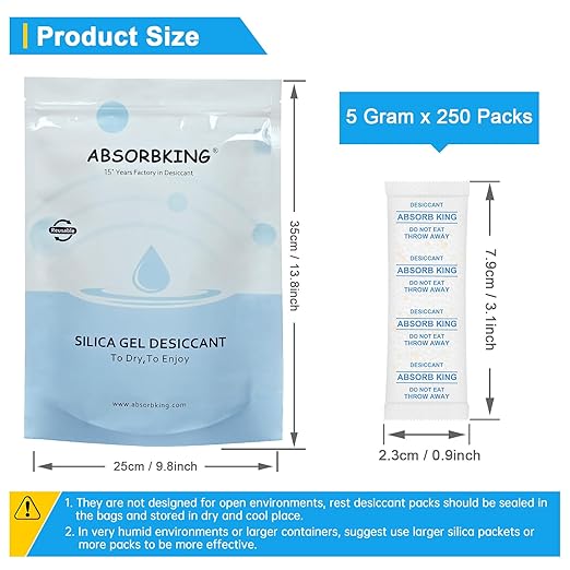 Moisture Absorbers – 250 Packs 5 Gram Silica Gel Packs Food Grade Desiccant Packs, Premium Desiccant Packets for Storage, Color Indicating Silica Gel for Spices, Jewelry, Shoes, Electronics, Tool Box
