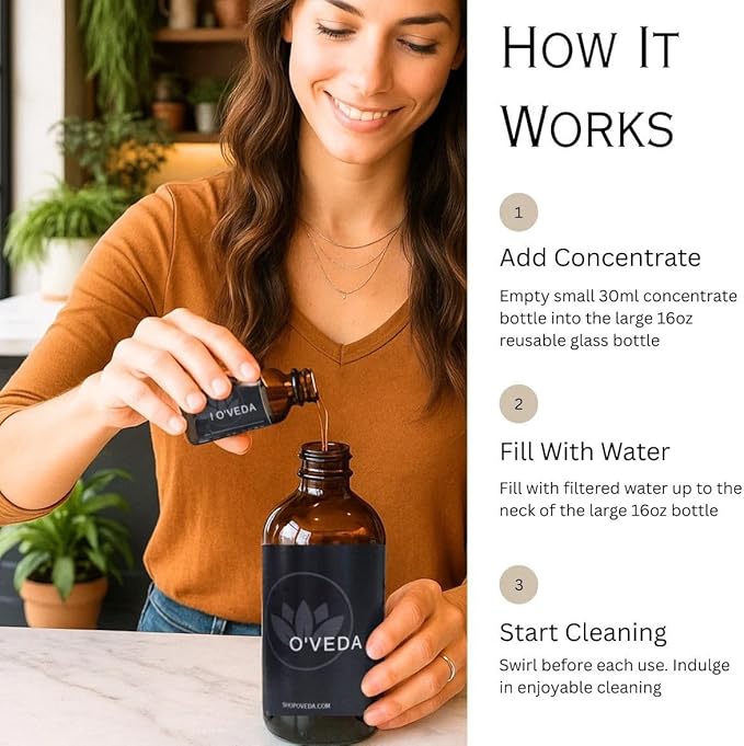 O'VEDA Starter Kit – Multi-Purpose Cleaning Bundle with 1 Concentrate & 1 Spritzer Refill Bottle (30ml each), 16oz Spray Bottle & Cleaning Cloth – All-Purpose Cleaner for Kitchen, Floors & More