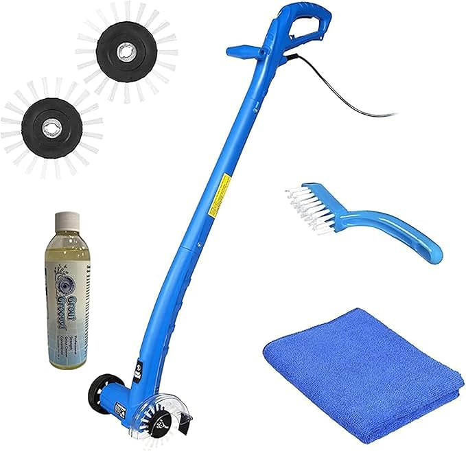 Grout Cleaner Bundle, Electric Stand Up Tile Grout Cleaner Machine with 20’ Cord, 3 Brush Wheels, 1 Cleaner, 1 Grout Hand Brush, 1 Microfiber Cloth