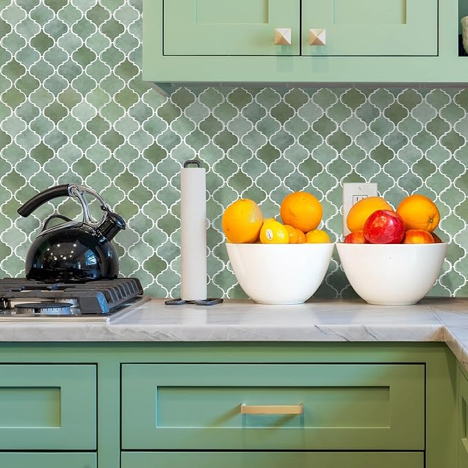 Arabesque Peel and Stick Backsplash for Kitchen, Thicker Design 3D Self Adhesive Wall Tiles, 12"x12" Peel and Stick Wall Tiles, Mix Green 10-Sheet Stick on Tile for Kitchen and Bathroom.