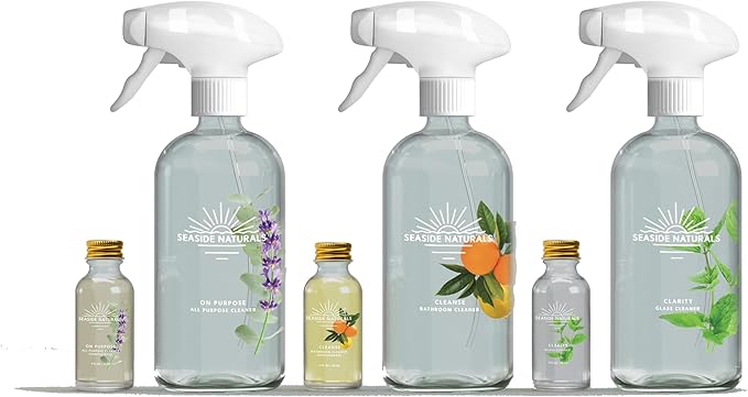 Start Up Kit – Plant-Based All-Purpose, Glass & Bathroom Cleaners (Glass Bottles, Sprayers & Concentrates, Essential Oils: Eucalyptus, Lavender, Tea Tree, Peppermint, Citrus) Kid & Pet Safe, Non-Toxic