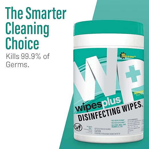 WIPESPLUS Disinfecting Surface Wipes Canister Bleach Free with Lemon Scent for Home and Business, 450 Count, (6 Packs of 75)