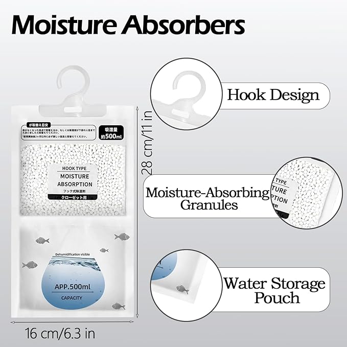 Moisture Absorbers 12 Pack，Hanging Closet Dehumidifier Bags,Humidity Packs, Humidity Absorber in Wardrobes, Bedrooms, Bathrooms