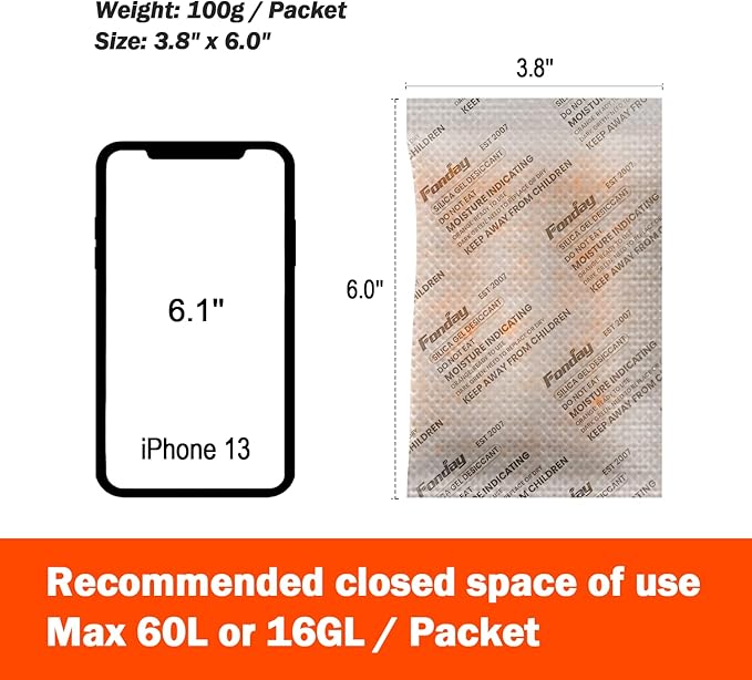 16Packs x 100Gram Fonday Rechargeable Silica Gel Desiccant Packets Fast Reactivate Desiccant Bags Moisture Indicating Orange to Green for Food Storage, Electronics, 3D Filament & Safes