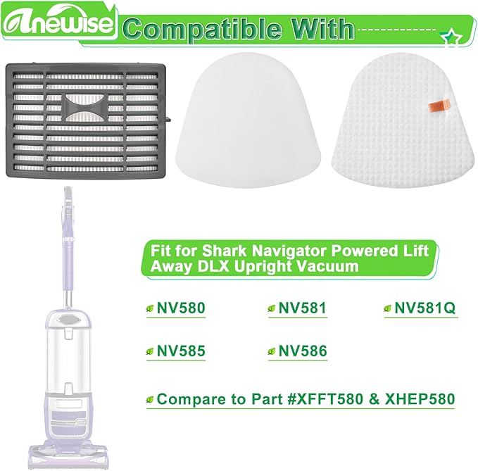 Filter Replacement for Shark Navigator NV586 NV581 NV581Q NV585 NV580 Powered Lift Away DLX Upright Vacuum Cleaner, Compare to Part # XFFT580 & XHEP580, 2 HEPA Post +4 Foam & Felt Filters