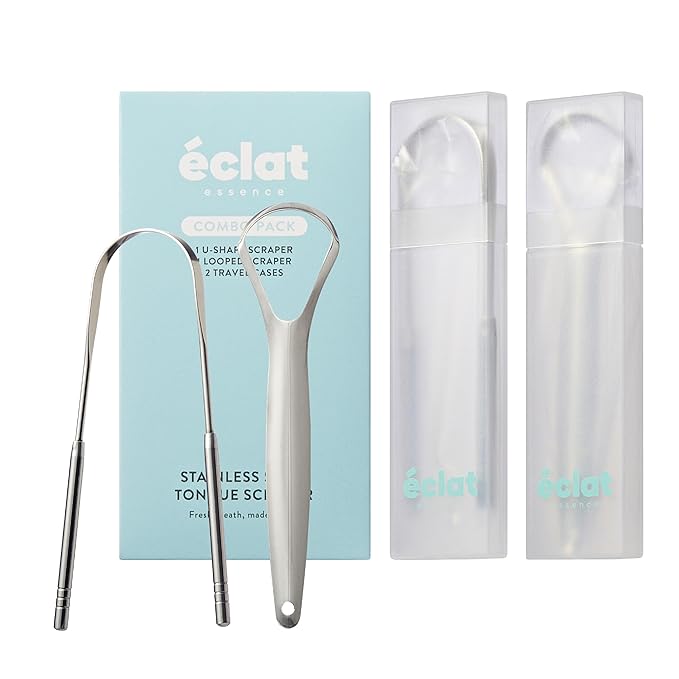 Éclat Stainless Steel Tongue Scraper with Travel Case, Tongue Cleaner for Fresh Breath & Oral Hygiene, Flexible, Durable, Easy-to-Use, Non-Irritating for Oral Care (Combo (U + Looped))