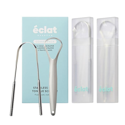Éclat Stainless Steel Tongue Scraper with Travel Case, Tongue Cleaner for Fresh Breath & Oral Hygiene, Flexible, Durable, Easy-to-Use, Non-Irritating for Oral Care (Combo (U + Looped))