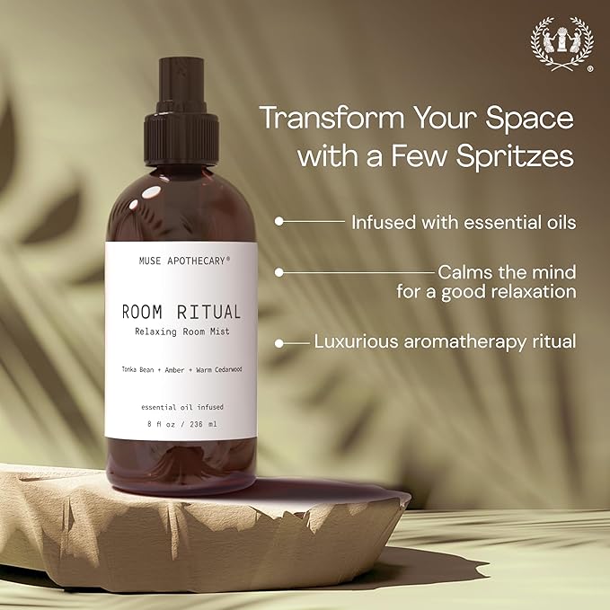 Muse Apothecary Room Ritual - Aromatic and Relaxing Room Mist, Infused with Natural Essential Oils - 8oz, Tonka Bean + Amber + Warm Cedarwood - 2 Pack