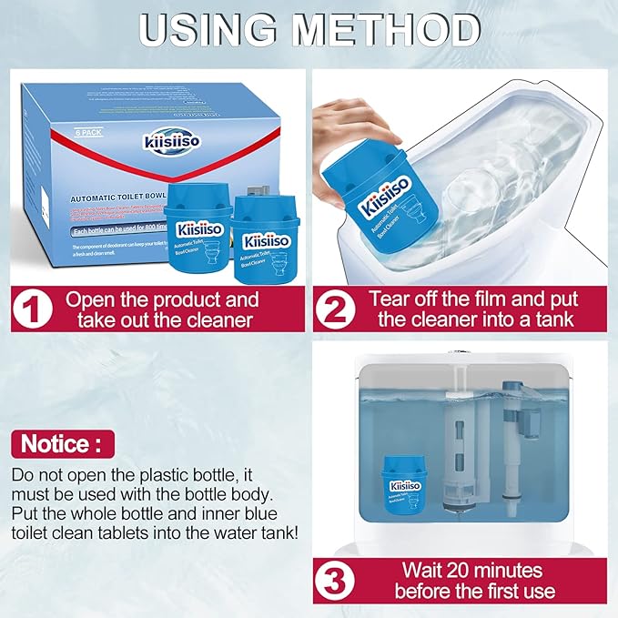 KIISIISO Toilet Bowl Cleaners 6 Bottles, Automatic Long-Lasting Toilet Bowl Cleaner Tablets in Bottle, for About 6 Months' Supply, Blue