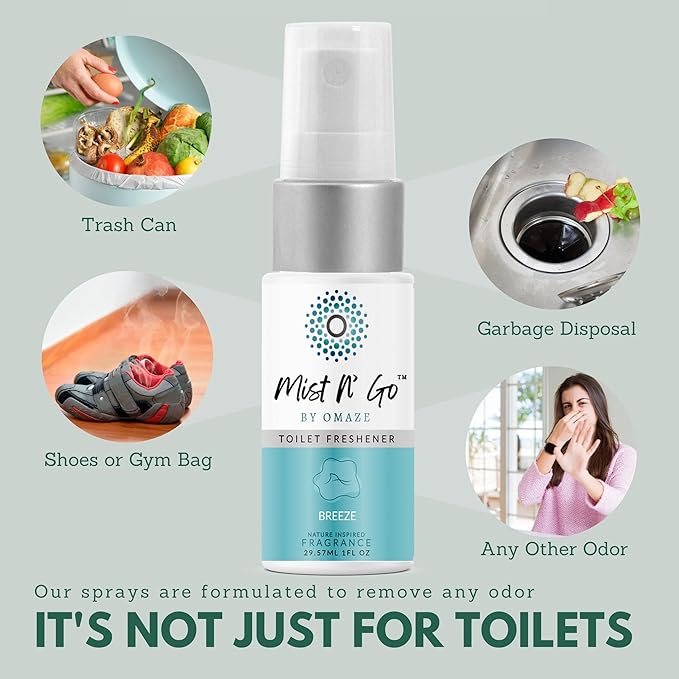 Mist N’ Go by Omaze Travel Bathroom Spray for Toilet Spray Odor Eliminator - Travel Toilet Spray for Bathroom Air Freshener Spray for Bathroom Deodorizer - Clean Mix, Travel Size (1oz x2)