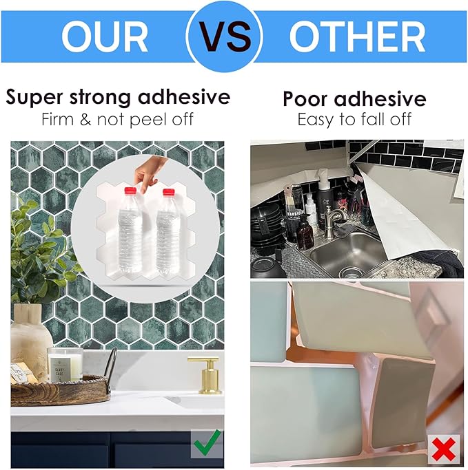 10-Sheet Hexagon Peel and Stick Backsplash for Kitchen, New Upgrade Premium Extra Thicker Design 3D Self Adhesive Wall Tiles, Large Stick on Tiles for Kitchen and Bathroom (12" x 12")