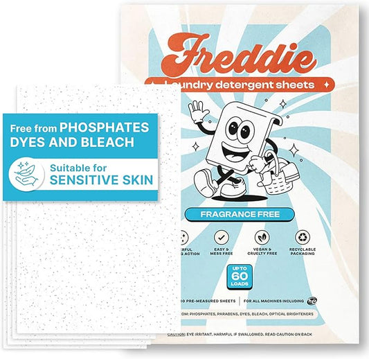 Freddie Low-Waste Laundry Detergent Sheets – Jug Free Format – Pre-Measured Strips – 60 Loads – Unscented for Sensitive Skin