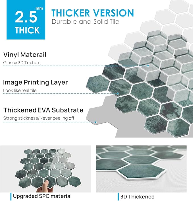 10-Sheet Hexagon Peel and Stick Backsplash for Kitchen, New Upgrade Premium Extra Thicker Design 3D Self Adhesive Wall Tiles, Large Stick on Tiles for Kitchen and Bathroom (12" x 12")