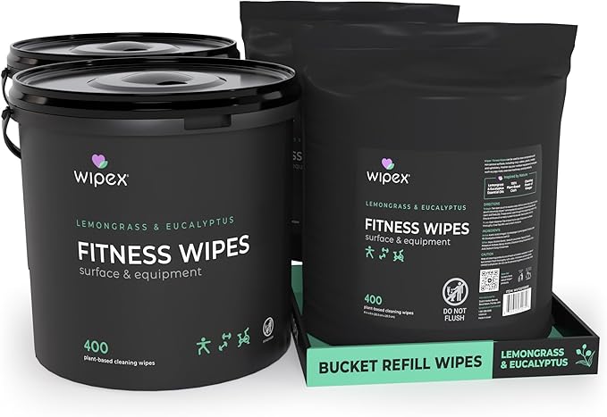 Wipex Gym Equipment Wipes Bundle – EWG Verified - Get 1600 Wipes with (2) Lemongrass & Eucalyptus Buckets & (2) Refill Rolls, Plant-Based Fitness Equipment Cleaner, Clean Surfaces & Gear