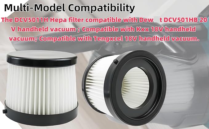 DCV501HB DCV5011H Replacement HEPA Filters. Compatible With D*WALT 20V Vacuum Cordless Handheld Vacuum Filter. Compared To Part DCV5011H DCV501HB Filter. Washable And Reusable Kits.4 Packs