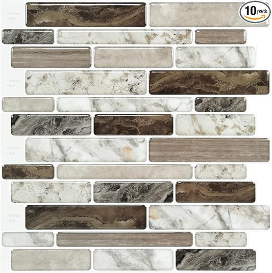 LONGKING Self-Adhesive Kitchen Backsplash, Marble Look Decorative Tiles (10 Tiles) (Multi)