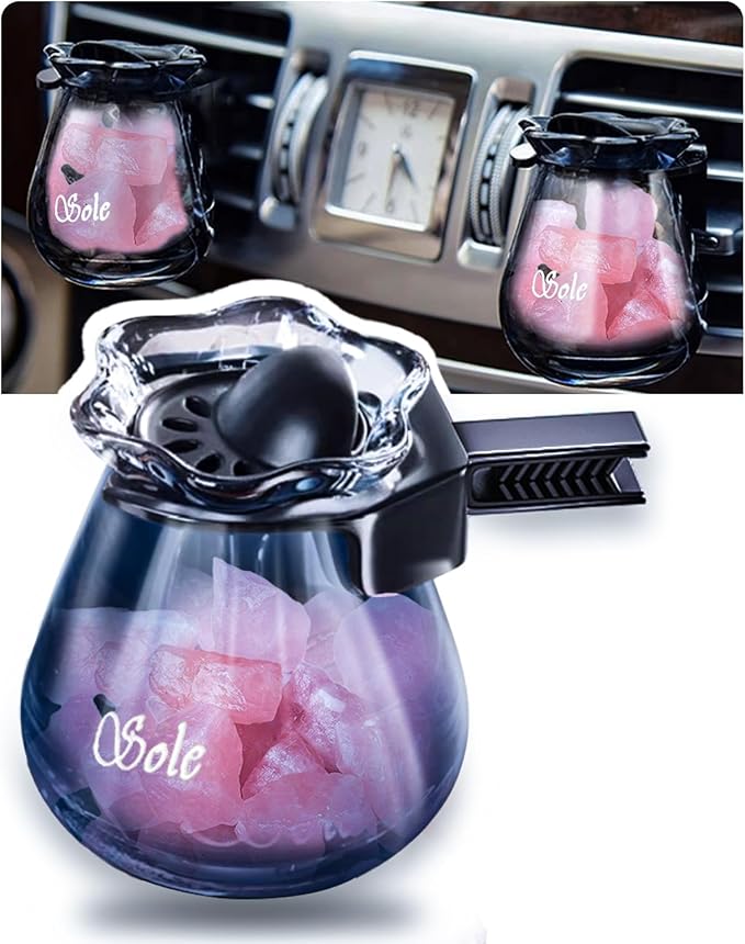 Car Diffuser Glass Bottles with Crystals Natural Stone for Spreading Essential Oils,Blue Lotus Design Glass jar as air freshener Vent Clip,car Vent Decor Accessories Pack of 2 (Pink + Pink)